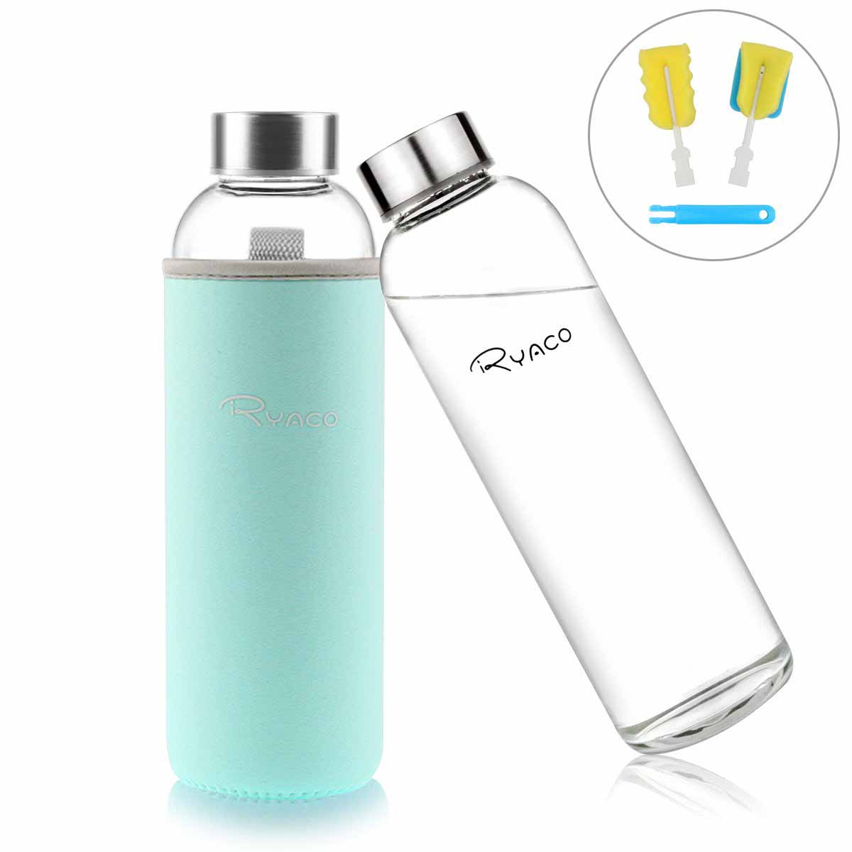 Ryaco Botella de Agua Cristal 550ml, Botella de Agua Reutilizable, Sin BPA Antideslizante Protección Neopreno Llevar Manga y Cepillo de Esponja