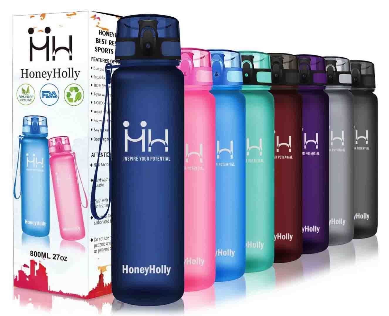 HoneyHolly Botella de Agua Deportes 350ml/500ml/800ml/1000ml/1500ml Sin Bpa & Apertura con un Solo botón Reutilizable Filtro Botella Gimnasio