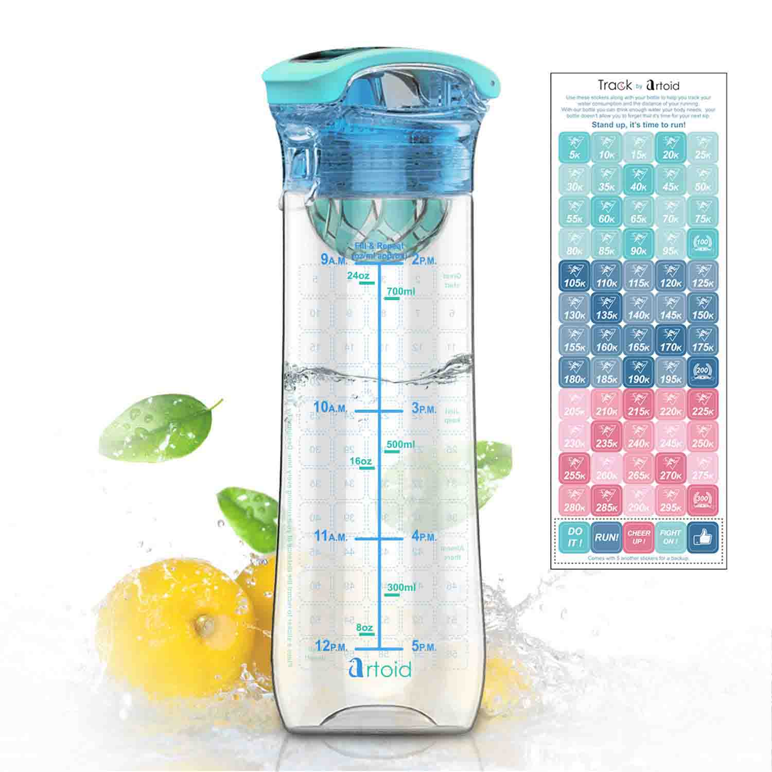 Artoid Mode 800ml Infusión de Frutas Botella de Agua para Deportes con Marcador de Tiempo y Medidas - Innovador Infuser, Sin BPA