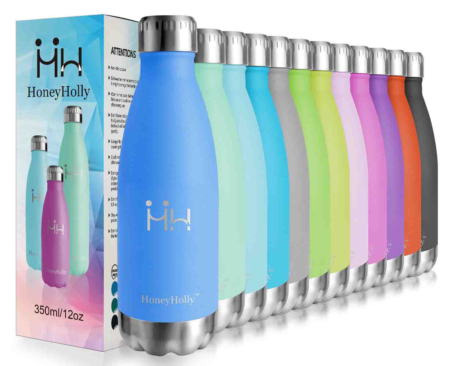 HoneyHolly Botella de Agua Acero Inoxidable 350/500/650/750ml, Aislamiento de Vacío de Doble Pared, Botellas de Frío/Caliente, sin bpa